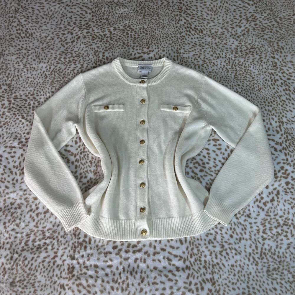 The Tog Shop Cardigan Size M White Gold Buttons Knit Sweater